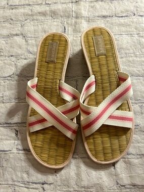 SPERRY WOVEN STRAW FOOTBED PINK & WHITE STRIPED CRISSCROSS CANVAS STRAPS SIZE 9
